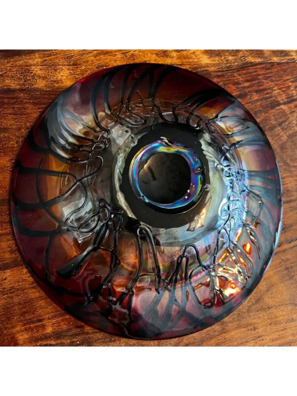 Handblown Iridescent Art Glass Bowl With Abstract Design 10 inch Decorative & Fu